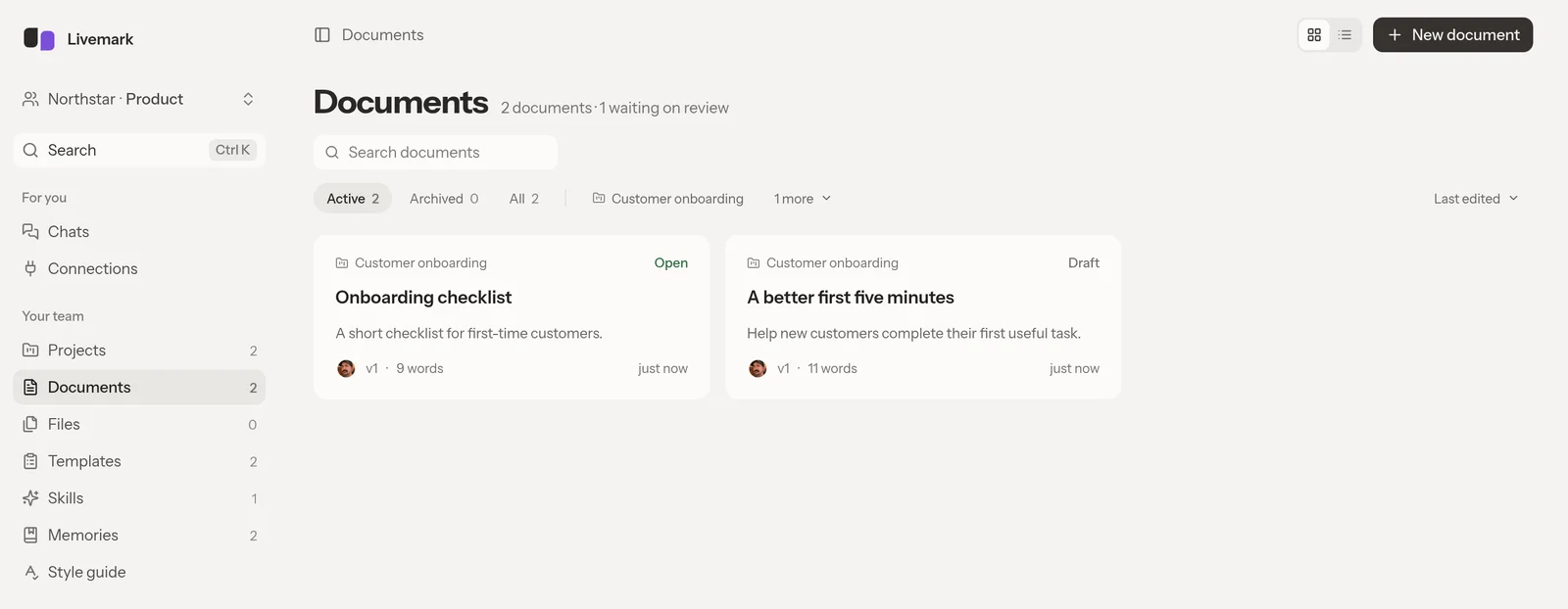 The Documents page with card views, project filters, and Draft and Open statuses