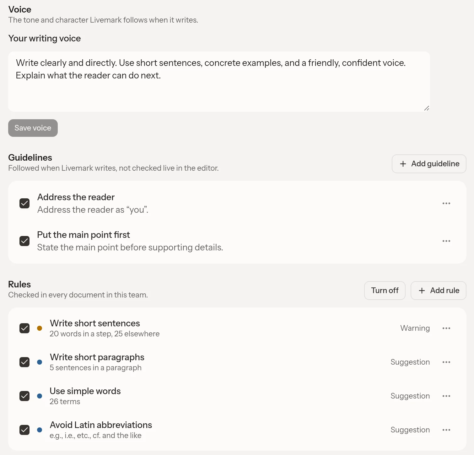 A team's style guide with its writing voice, guidelines, and enabled mechanical rules
