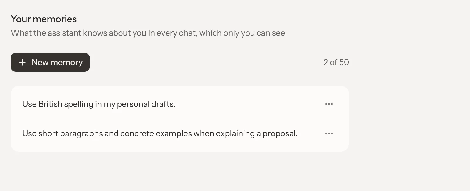 Your memories settings with personal preferences for British spelling, short paragraphs, and concrete examples