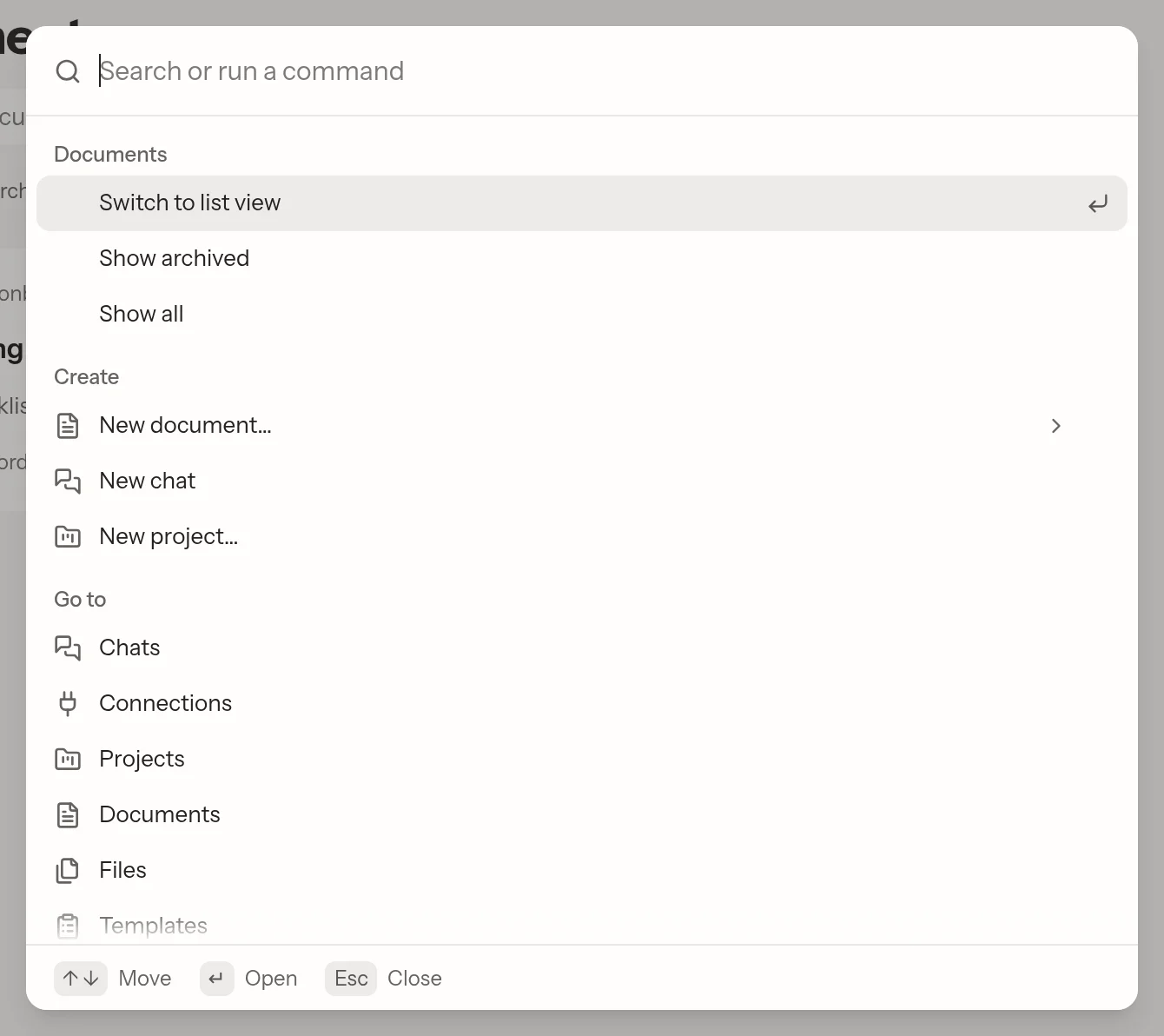 The command palette with document actions, creation shortcuts, and navigation to other sections