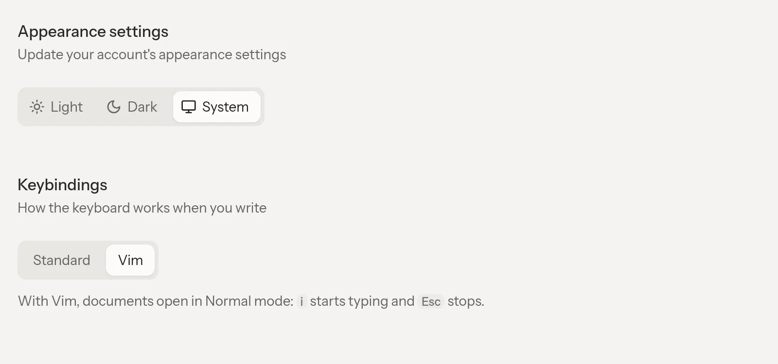 Appearance settings with Vim selected under Keybindings