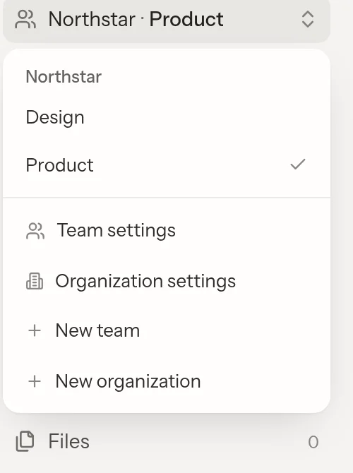 The Northstar organization switcher with Design and Product teams and organization settings