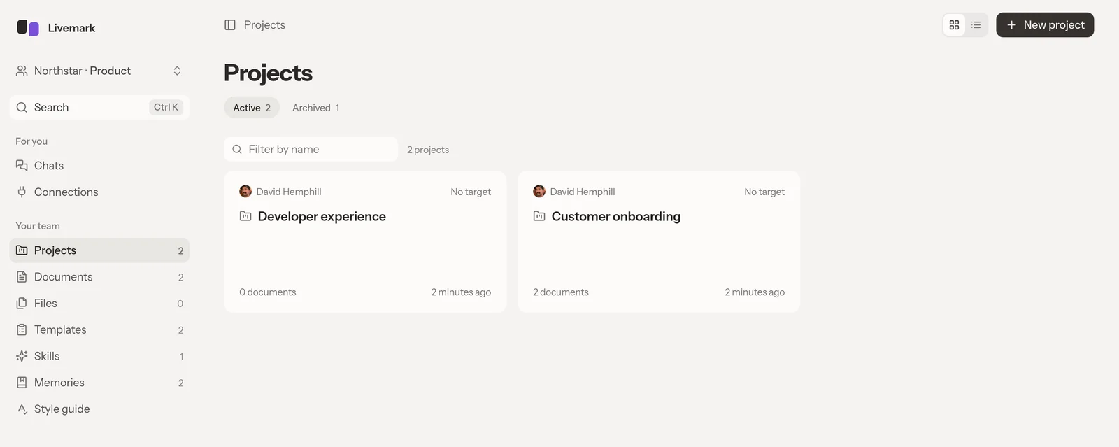 The Projects page with Customer onboarding and Developer experience, including document counts