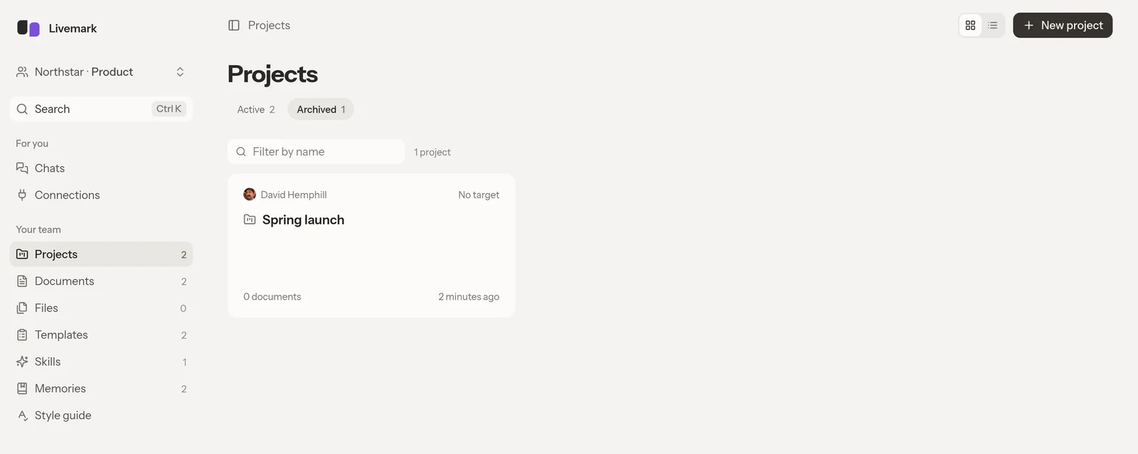 The Archived view on Projects showing a completed Spring launch project