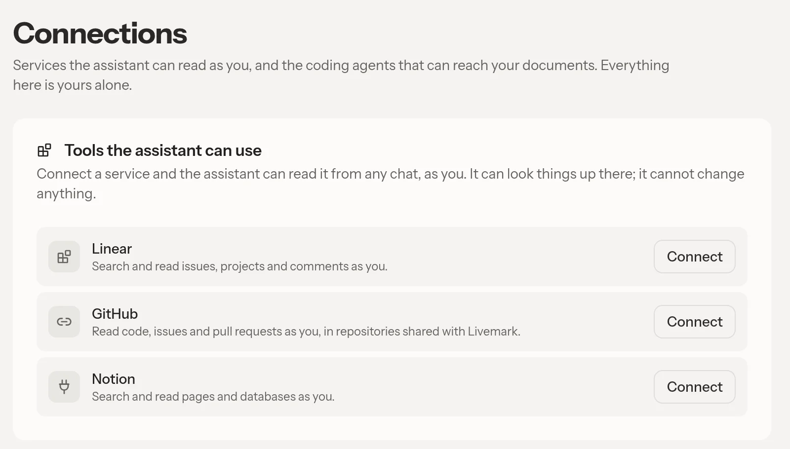 The Connections page offering read-only Linear, GitHub, and Notion connectors