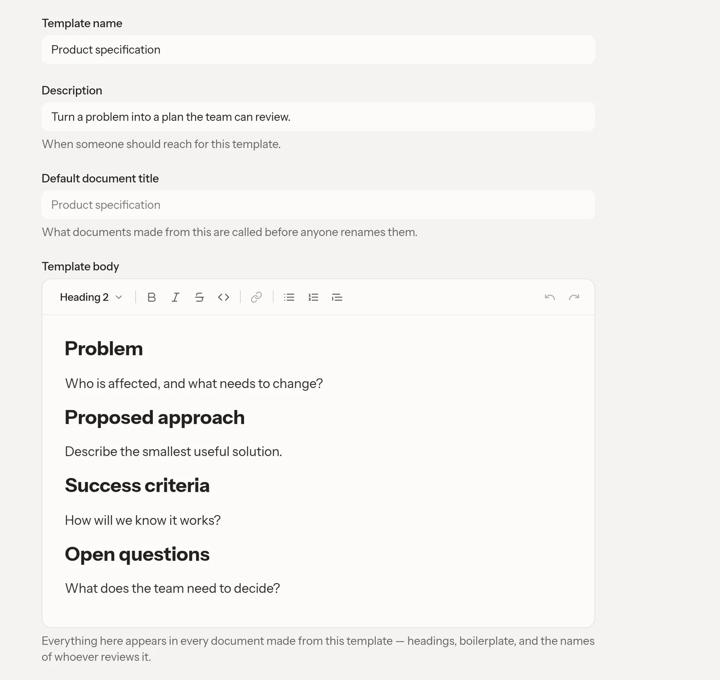 A product specification template with sections for the problem, proposed approach, success criteria, and open questions