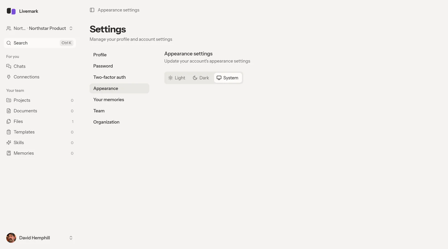 Appearance settings offering Light, Dark, and System themes