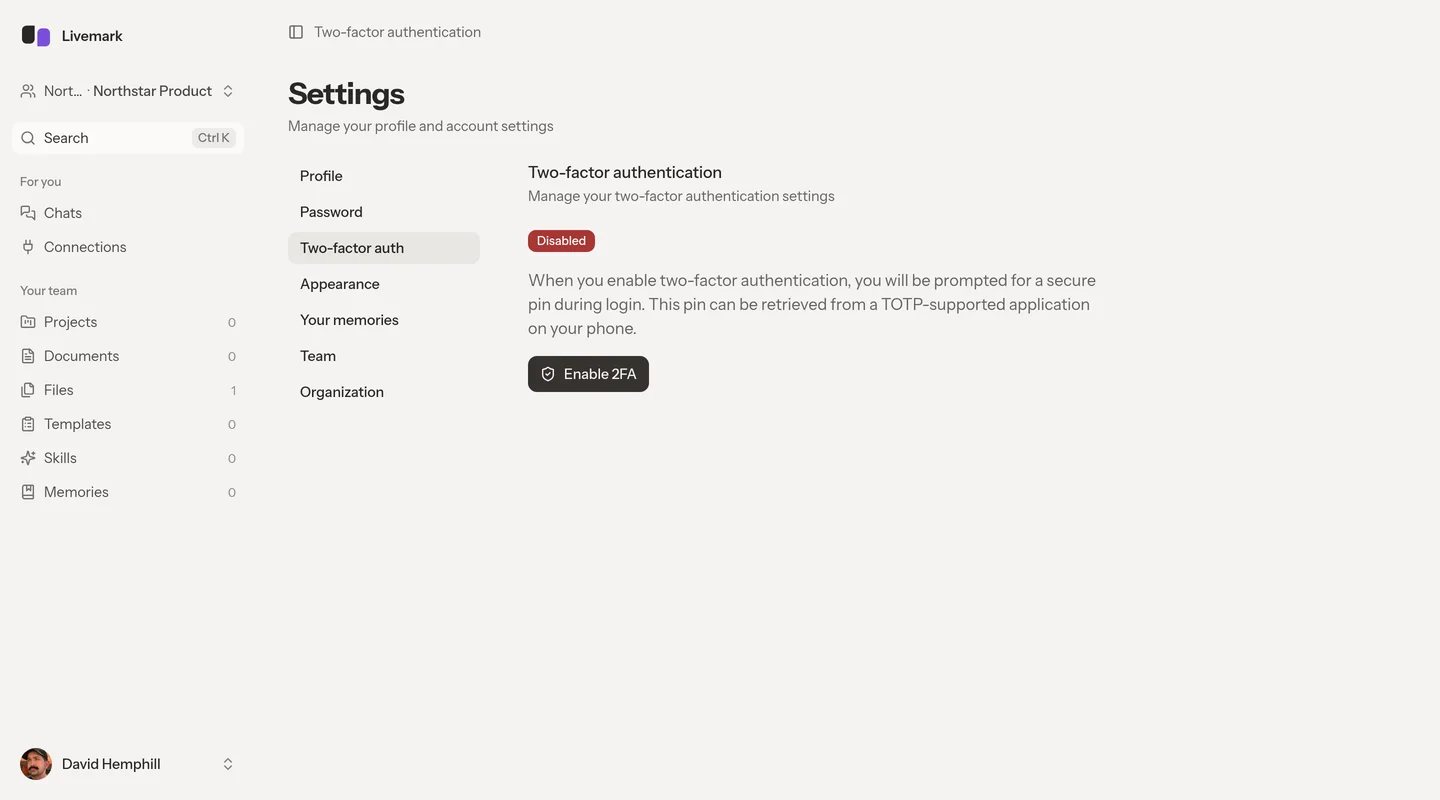 Two-factor authentication settings before setup, with the Enable 2FA control