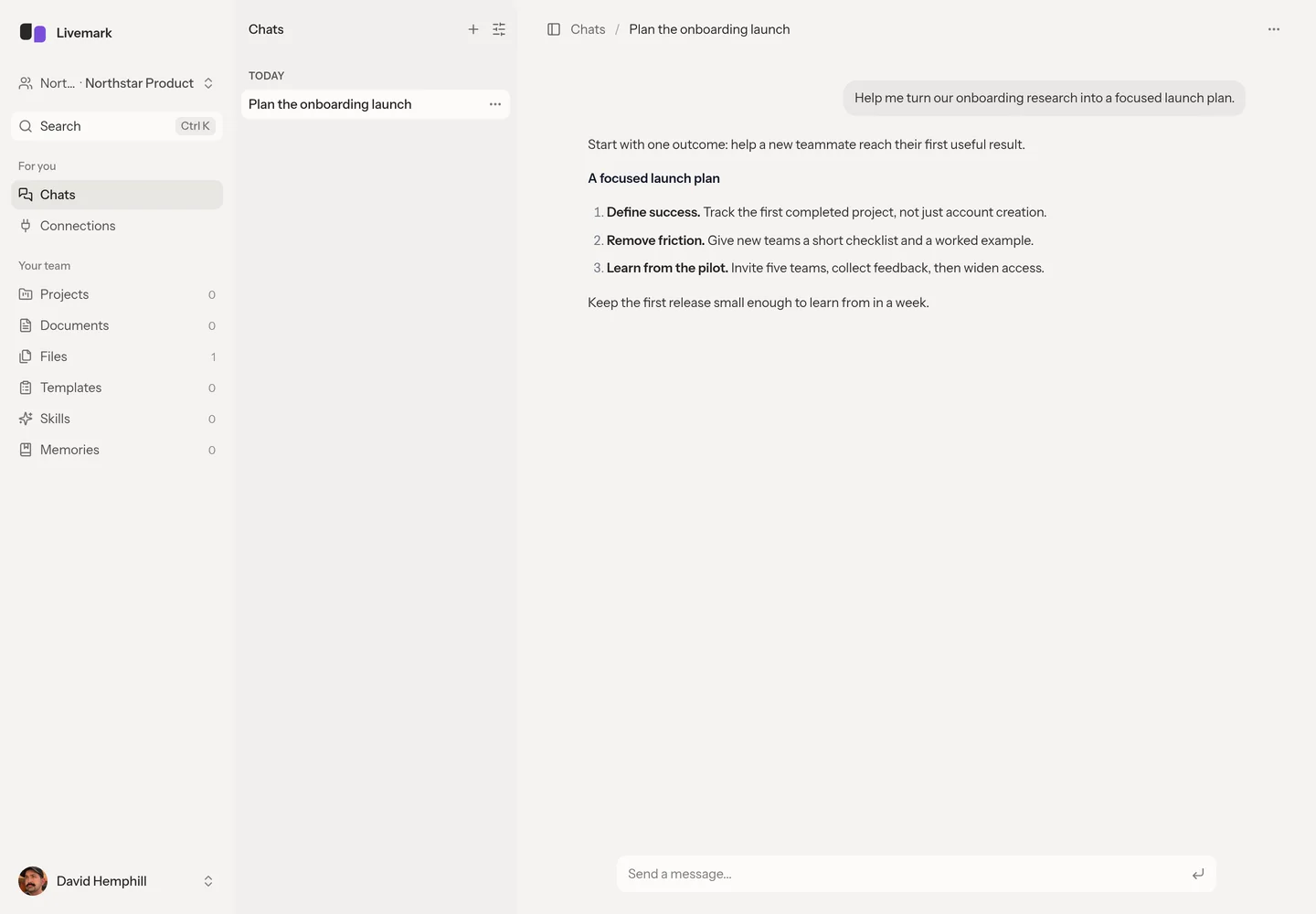A chat about an onboarding launch, with the conversation and message composer together