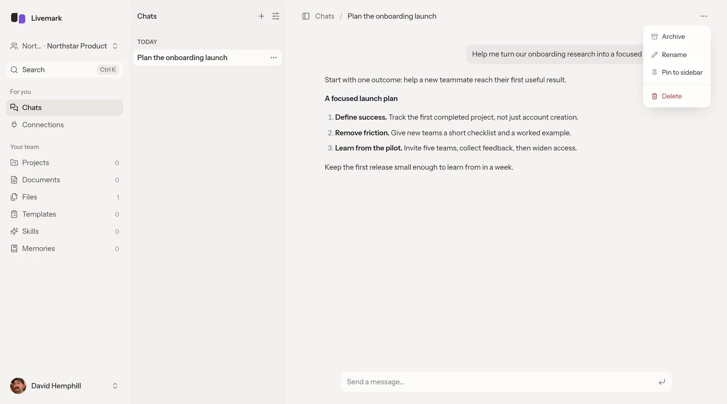 The chat menu with Archive, Rename, Pin to sidebar, and Delete actions