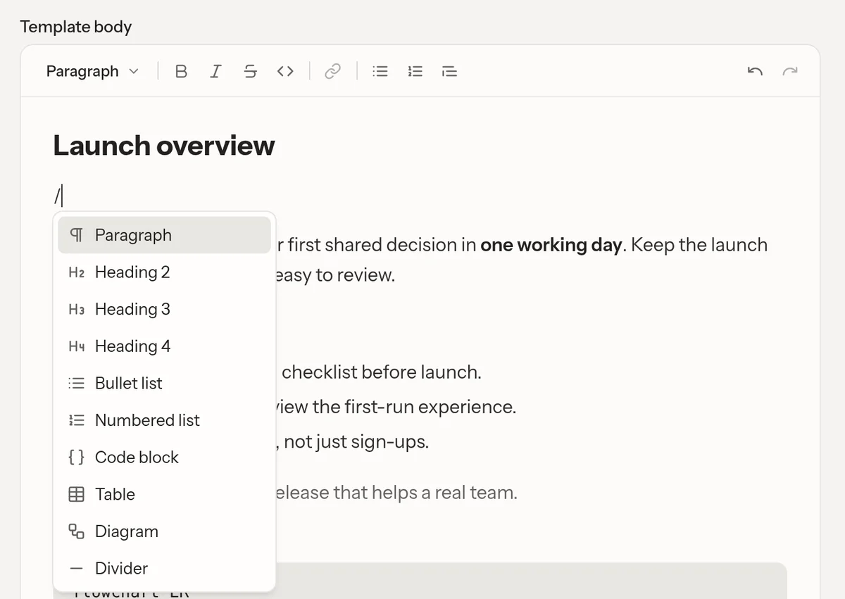 The template editor's formatting strip and slash menu, which share document writing controls