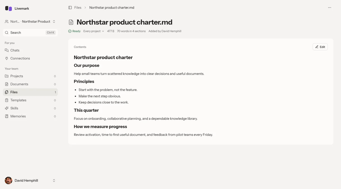 A ready Markdown file with its extracted text, word count, project scope, and Edit control