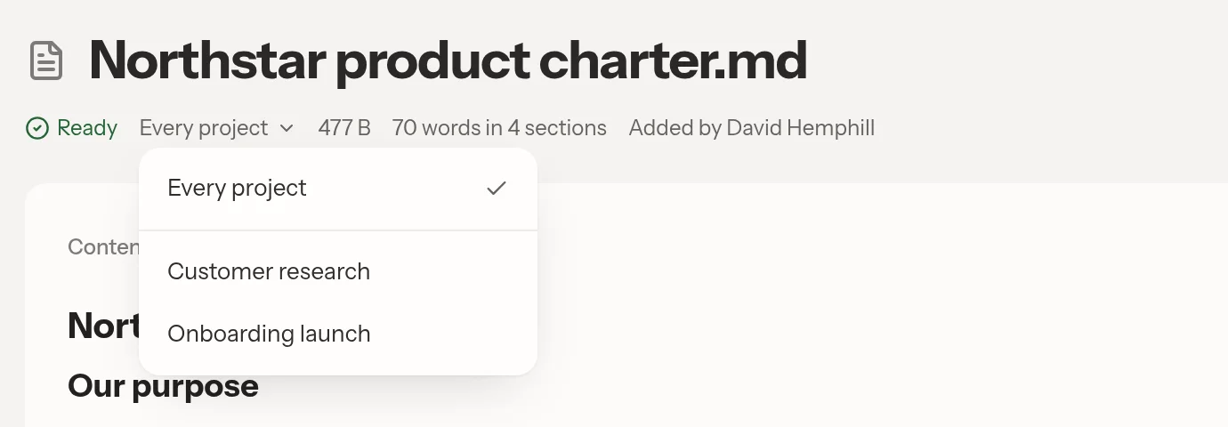 The file's project picker with Every project selected and two project-specific destinations available