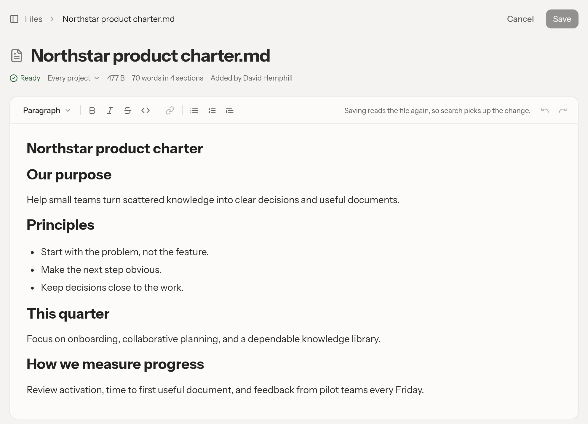 The extracted-text editor for a Markdown file, with formatting controls, Cancel, and Save