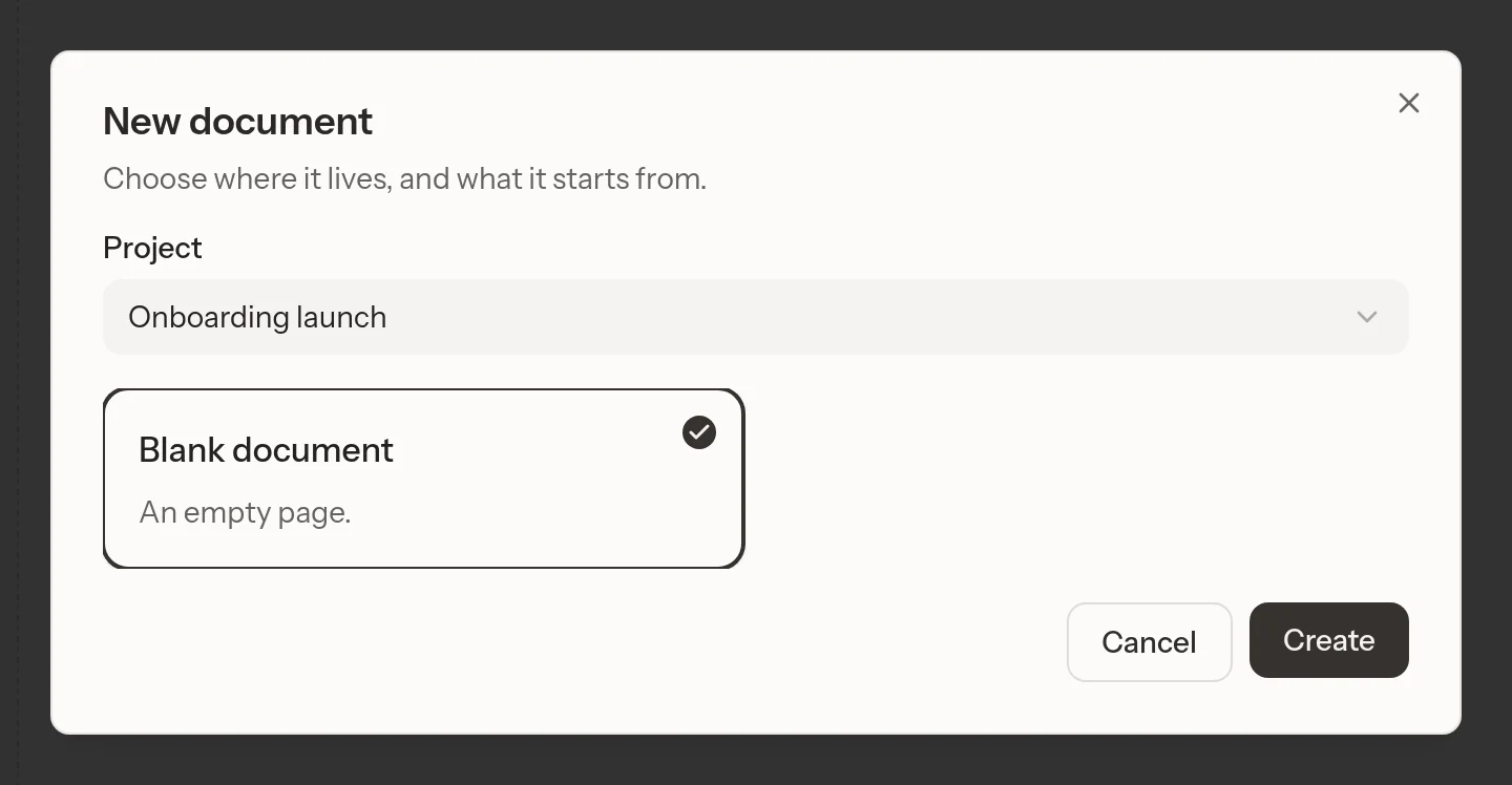 The New document dialog with Onboarding launch selected as the project and Blank document selected