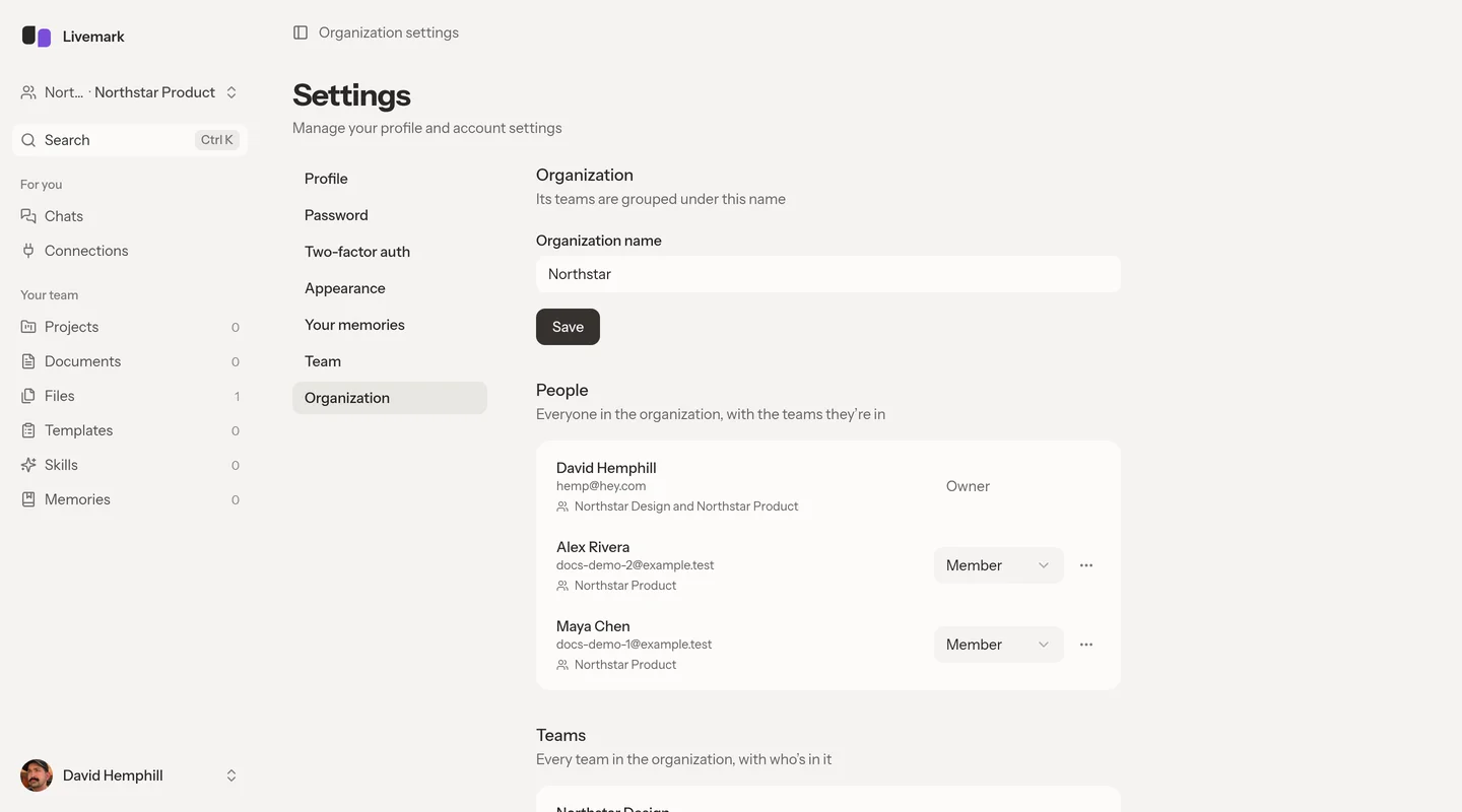 Organization settings showing Northstar's name and the People list with organization roles