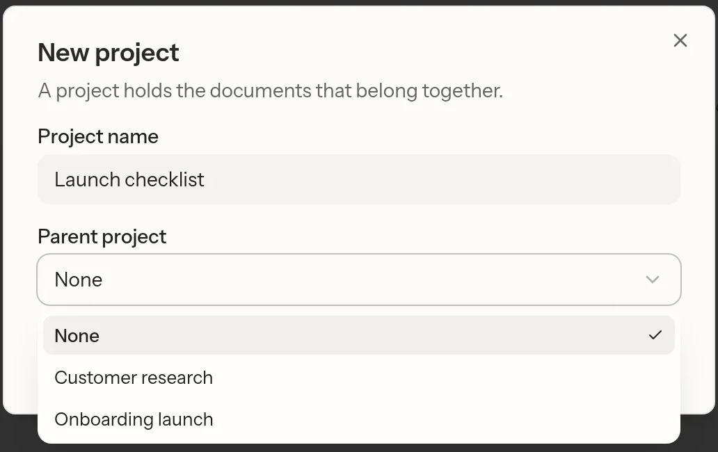 The Parent project menu in a new project draft, offering None, Customer research, and Onboarding launch