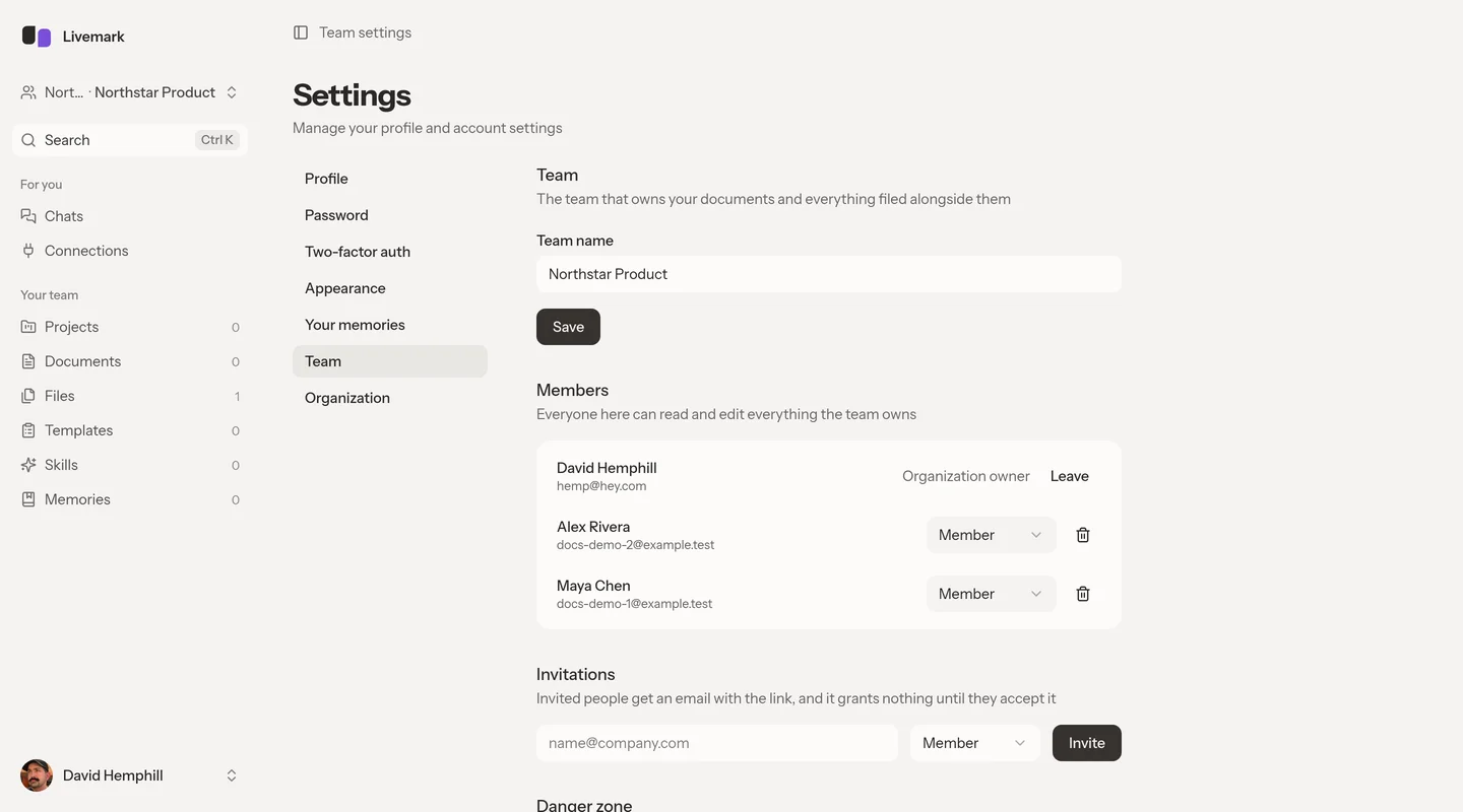 Team settings with the team name, member roles, and invitation controls
