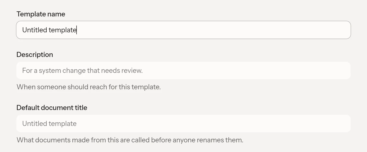 A new template's name, description, and default document title fields